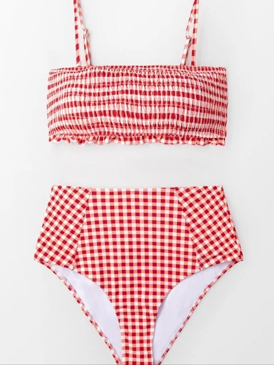Cupshe Other - CUPSHE Red High Waist Gingham Two-Piece Swim Set - Smocked Bandeau Top - Size L
